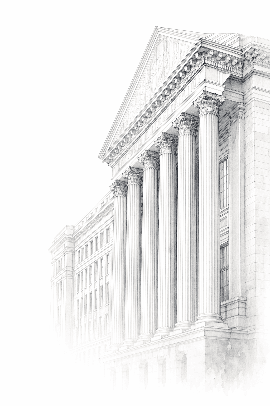 Editorial architectural illustration of a neoclassical financial building